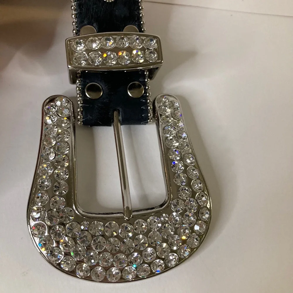 Vintage 1849 Authentic Ranchwear Rhinestone Cross Calfhair Belt 34-L Black 1.5